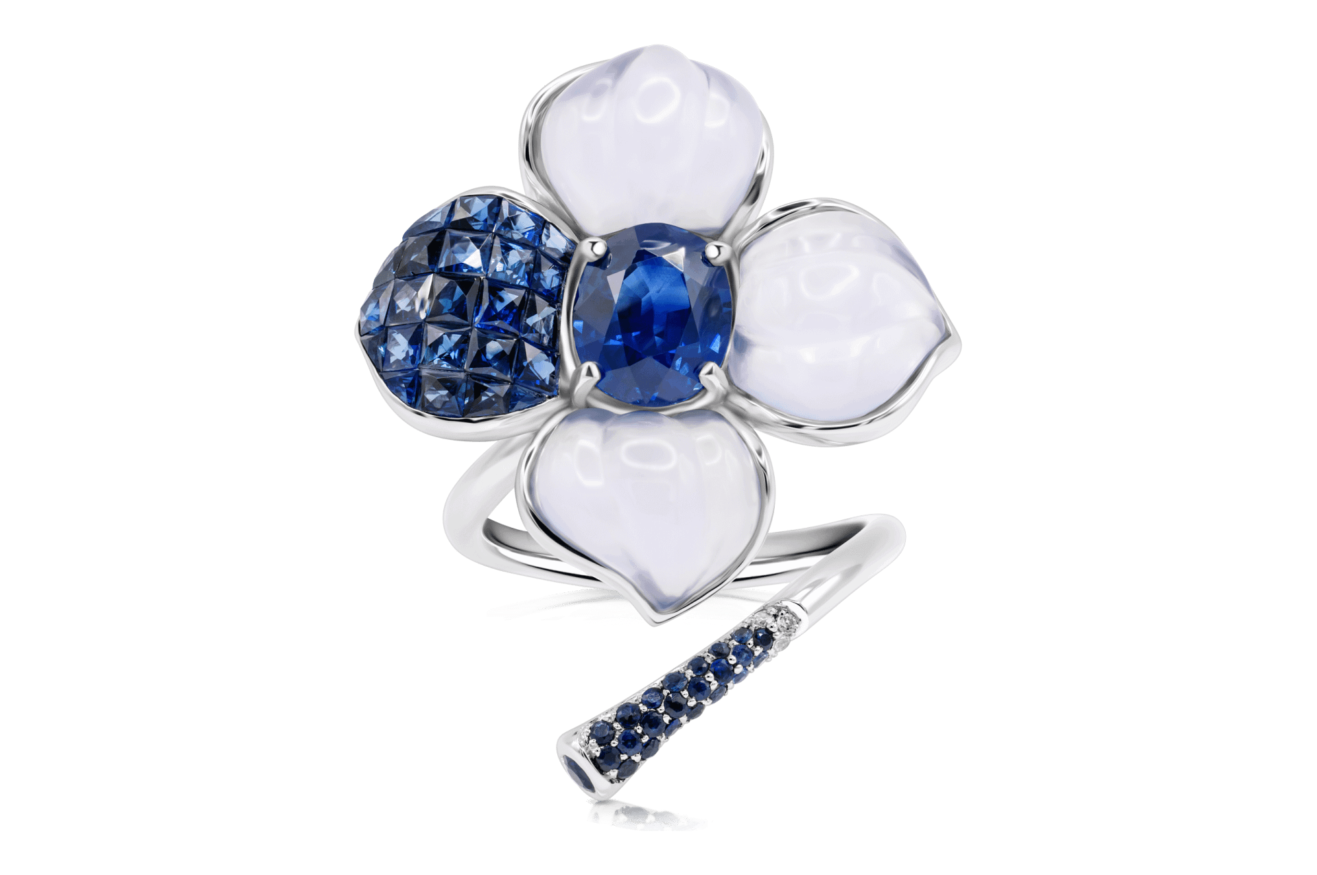 Evening Primrose - Blue Sapphire, Blue Chalcedony and Diamond Ring